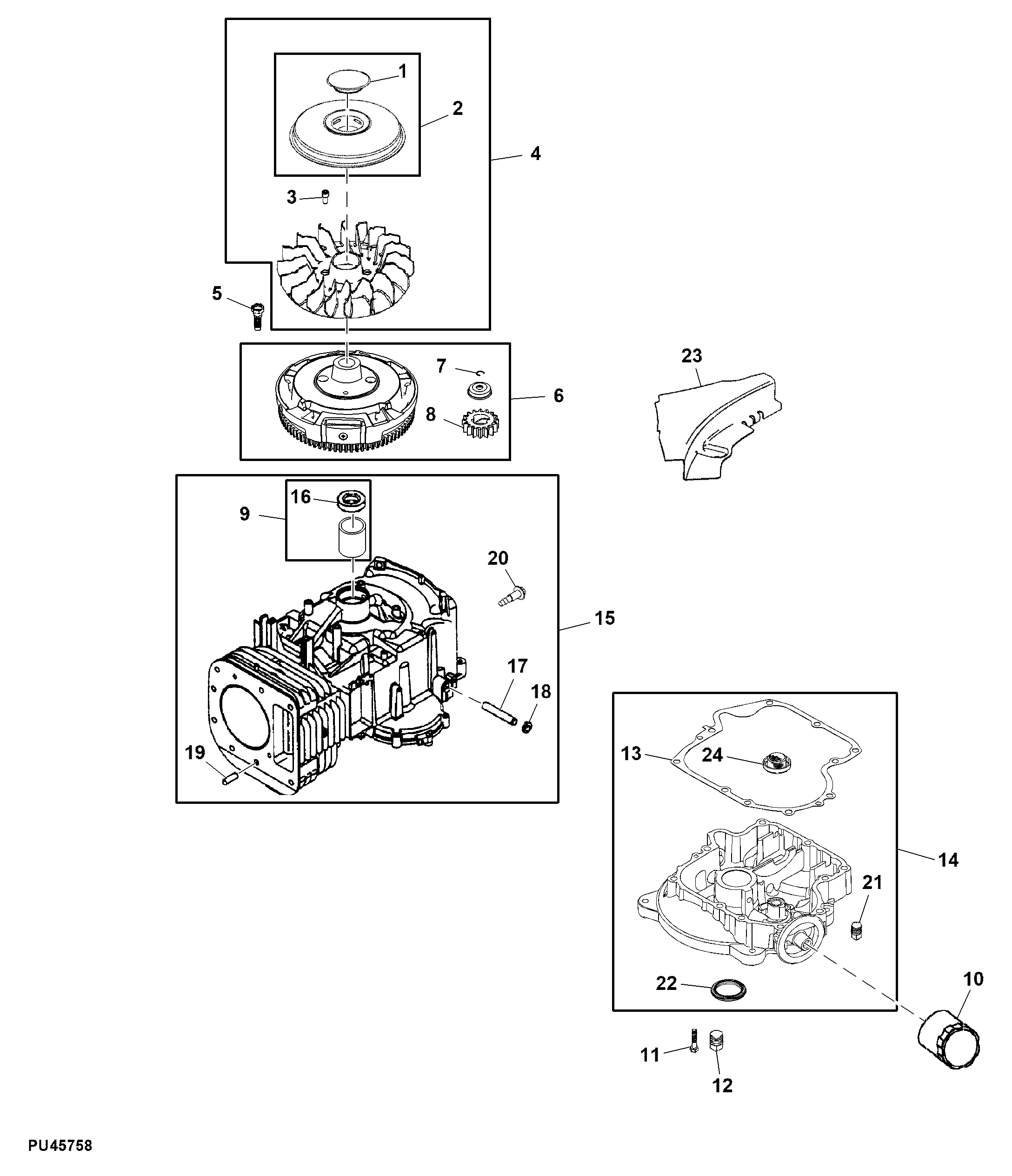 John Deere X107 - Crankcase, Cylinder Block, Flywheel