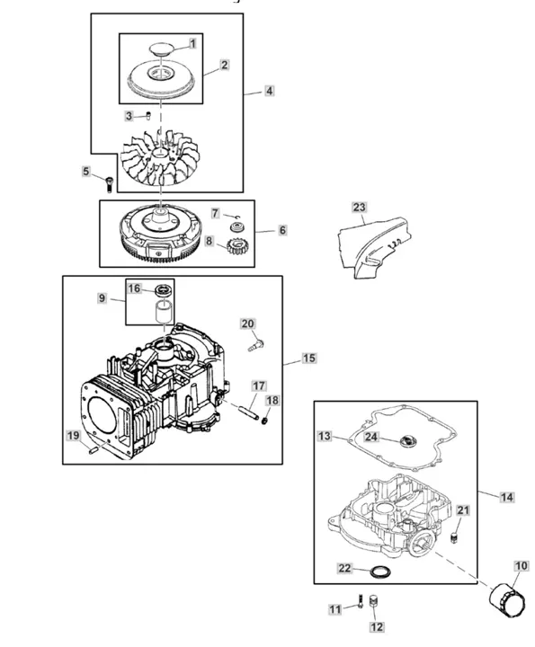 John Deere X117R - Crankcase, Cylinder Block, Flywheel