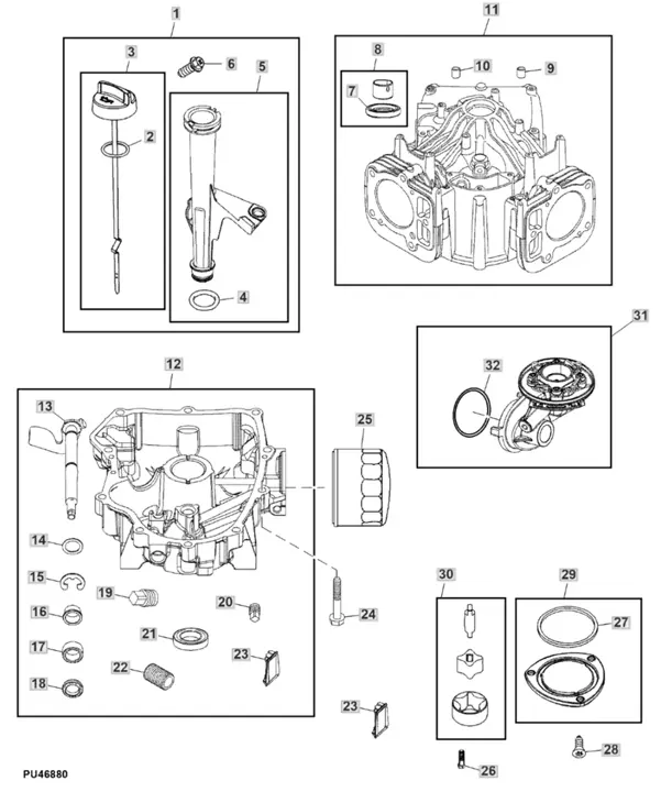 John Deere X167R - Cylinder Block, Crankcase, Oil Filter