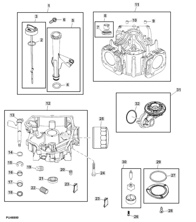 John Deere X127 - Cylinder Block, Crankcase, Oil Filter