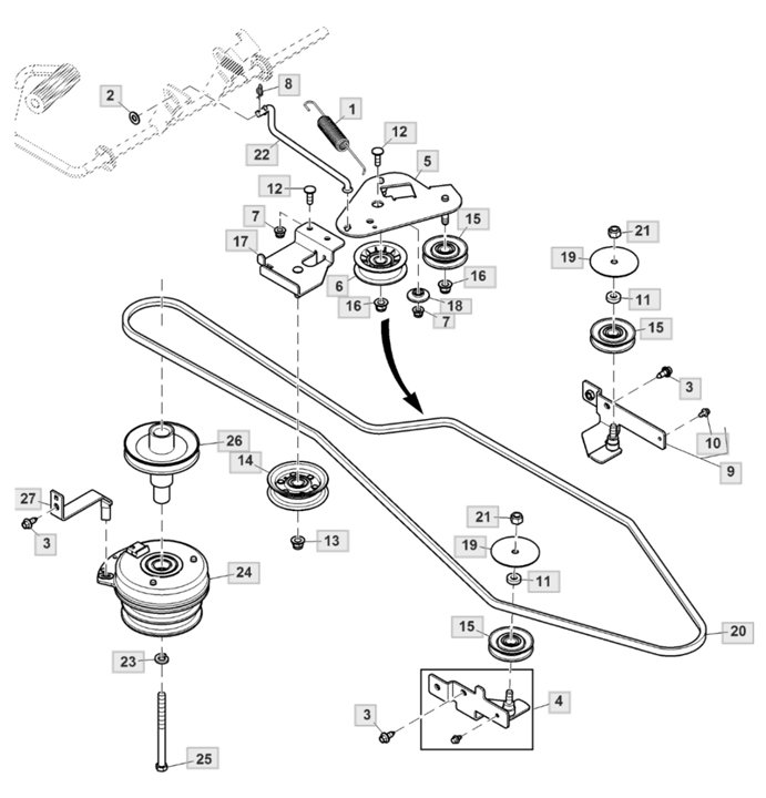 John Deere X167R - PTO Clutch, Belt Drive, Idlers