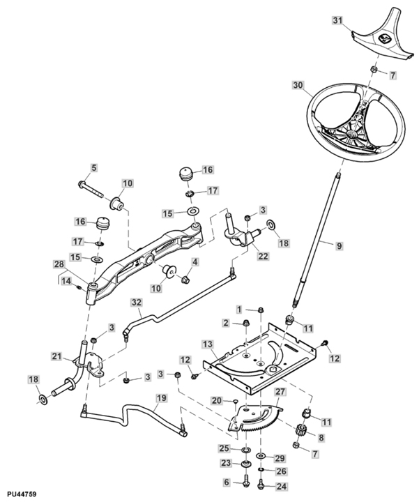 John Deere X167 - Steering Wheel, Gears, Linkage, Axle