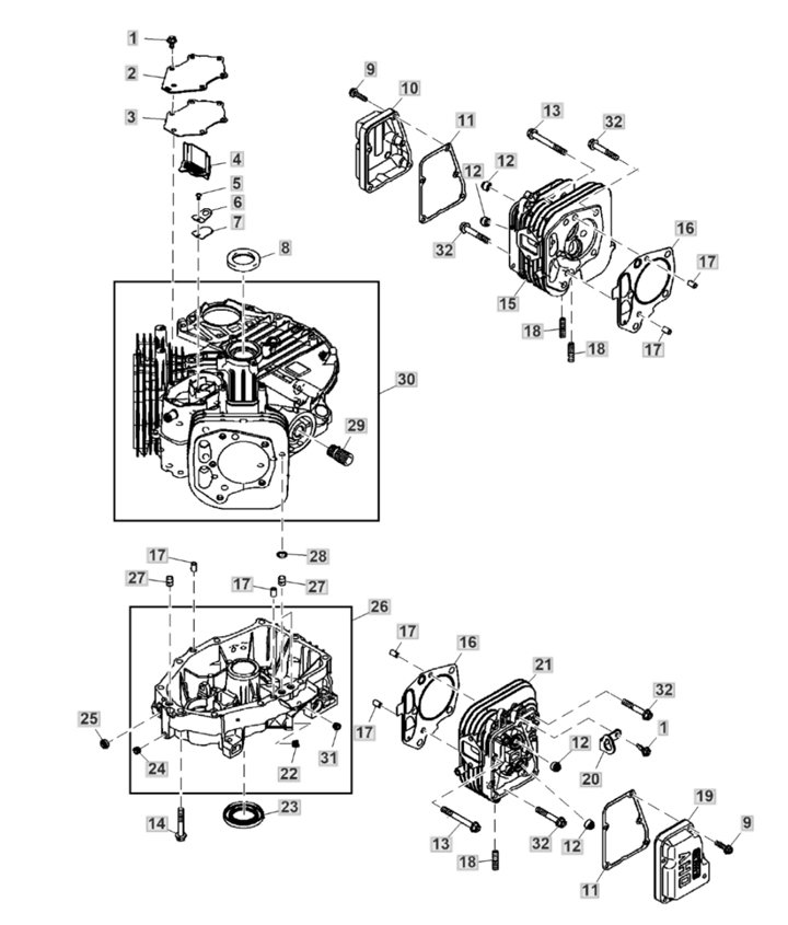 John Deere X350R - Cylinder Head, Crankcase