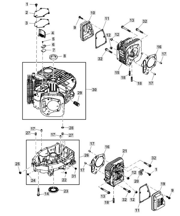 John Deere X354 - Cylinder Head, Crankcase