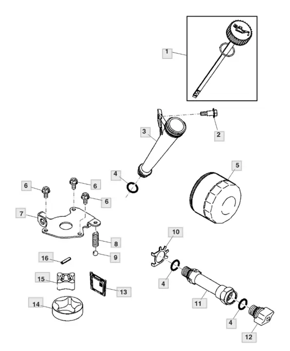 John Deere X354 - Engine Oil Pump, Filter, Dipstick