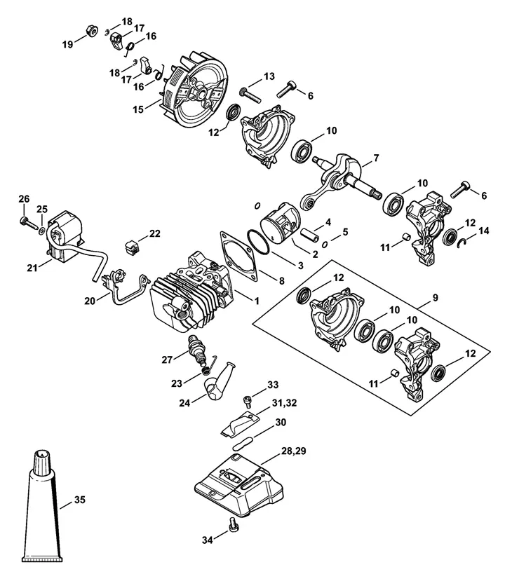 Stihl MS150TCE - Cylinder, Piston, Ignition