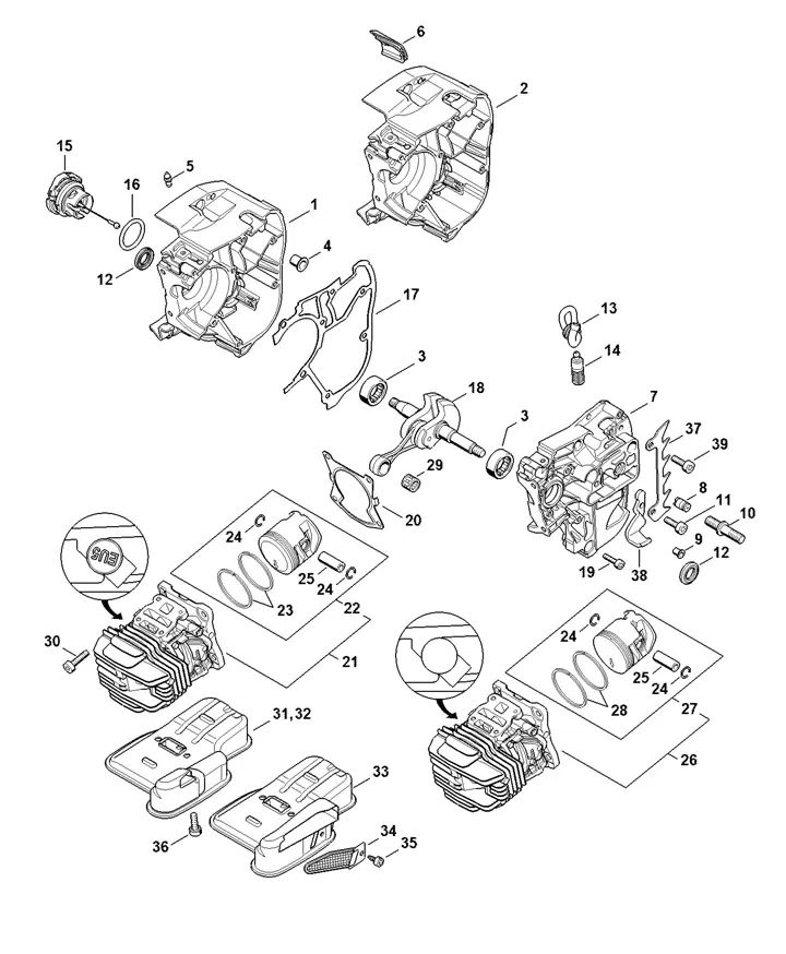 Stihl MS201TC - Crankcase, Cylinder, Muffler