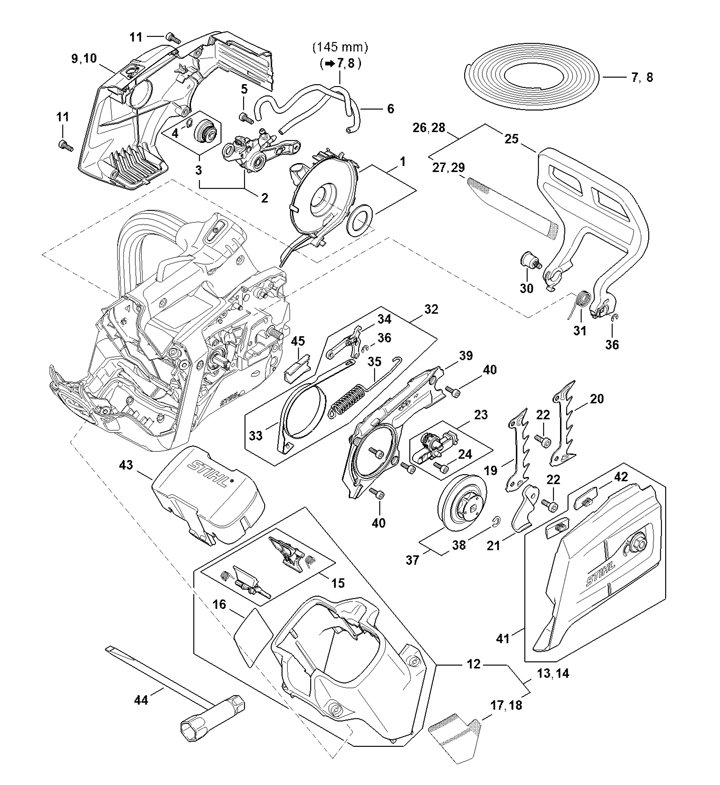 MSA 220.0 T Stihl MSA220T - Shroud, Fan Housing, Oil Pump, Hand Guard, Chain Brake