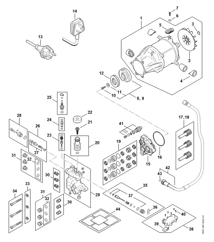 Stihl RE150 Plus - Electric Motor, Connecting Cable, Valve Block