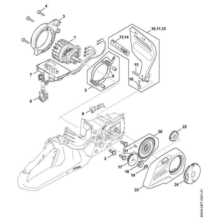 Stihl MSA60CB - Electric Motor, Electronic Module, Chain Sprocket Cover