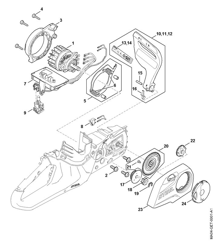 Stihl MSA70CB - Electric Motor, Electronic Module, Chain Sprocket Cover